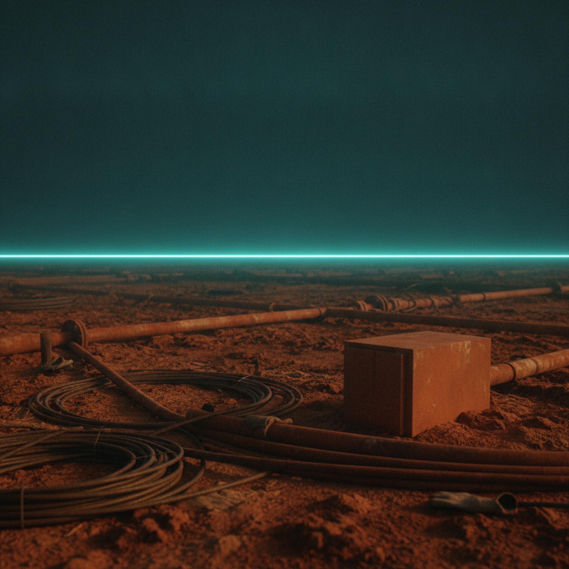 Warm built infrastructure — coiled cable and conduit in red earth — dissolving toward a luminous teal horizon line